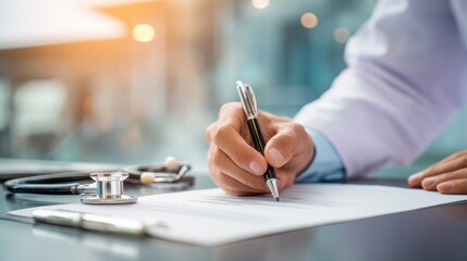 Professional doctor or healthcare worker writing notes at desk with medical tools and equipment.