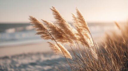 Serene beach scene with tall pampas grass waving in the wind during sunset.