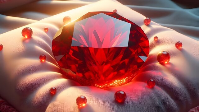 red big shiny jewelry on a pink soft silk sofa, sunlight enters with reflections