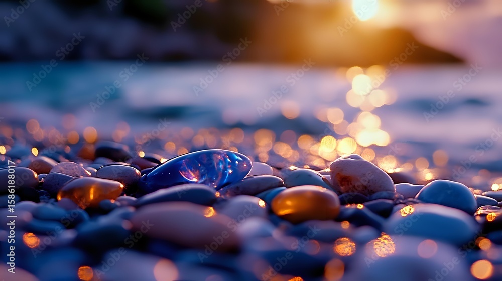 Poster smooth wet pebbles on beach at golden sunset with bokeh light reflections on water surface creating 