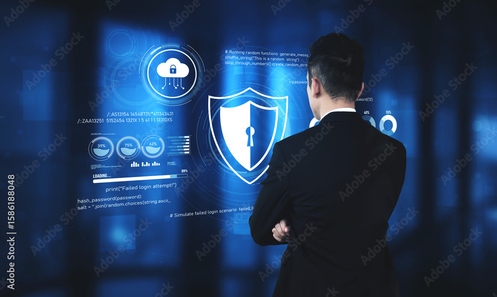 Poster cyber security protects against breaches, hacks, and network attacks using strong infrastructure and