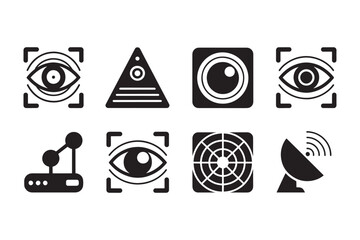 Surveillance Technology Icons Eye, Camera, Satellite, and Network Monitoring Symbols