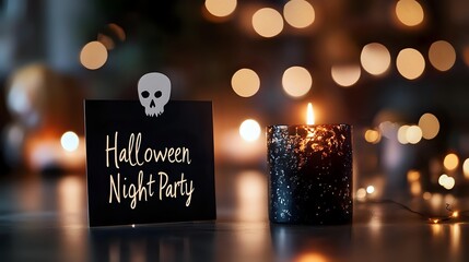 Spooky Halloween party invitation with skull decoration and black candle against warm bokeh lights background, creating mysterious festive atmosphere.
