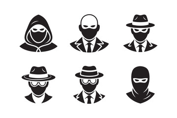 Anonymous Figures Spy, Hacker, Thief,  Black and White Icon Set