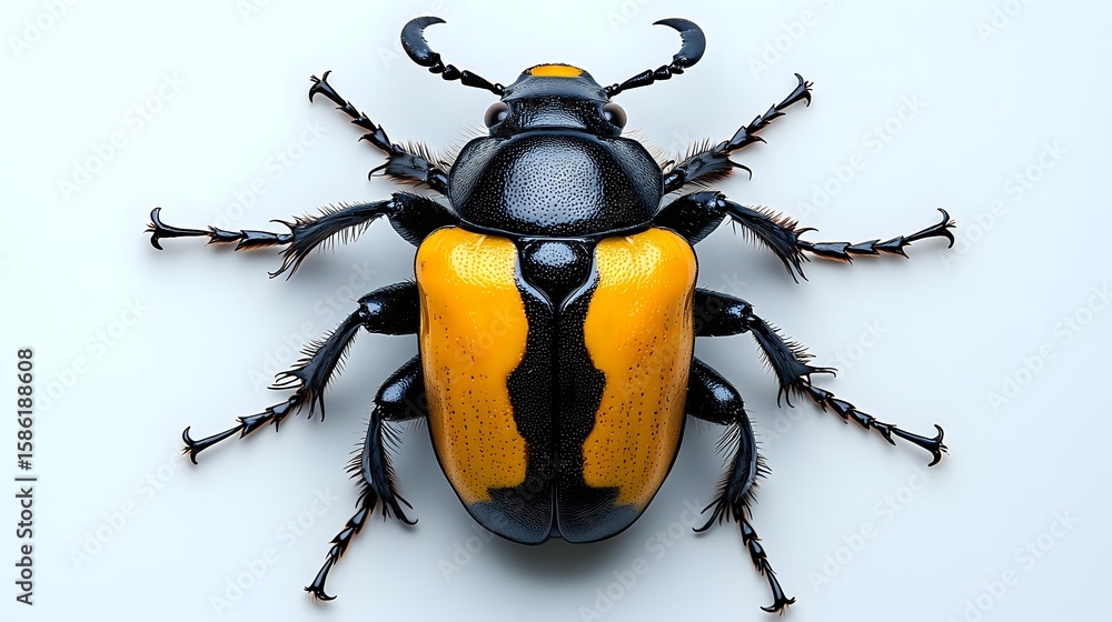 Poster black and yellow beetle with detailed texture and shiny carapace isolated on light background, macro