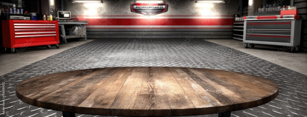 Poster close-up of a wooden garage table with tools and wrenches on the wall, ideal for product display and