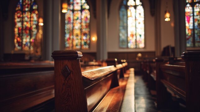 Interior view of a church with wooden pews and colorful stained glass windows. - Powered by Adobe