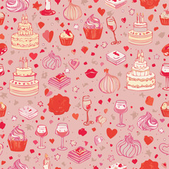 Romantic seamless pattern with cakes, wine, hearts, presents and festive treats. Perfect for Valentine's Day, party designs and celebration-themed projects