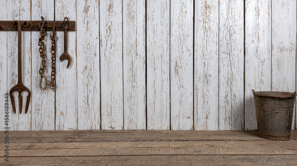 Poster close-up of a wooden garage table with tools and wrenches on the wall, ideal for product display and