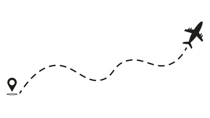 Flight path vector illustration, Dotted air route with plane and location pin