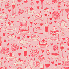 Romantic seamless pattern with cakes, wine, hearts, presents and festive treats. Perfect for Valentine's Day, party designs and celebration-themed projects