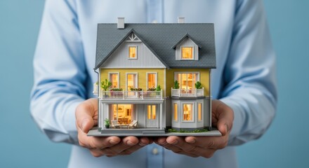 A person holds a detailed model of a litup house, representing homeownership and real estate