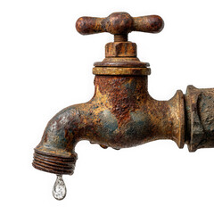 Close up of a very old rusty water tap with a single water drop falling isolated on transparent background