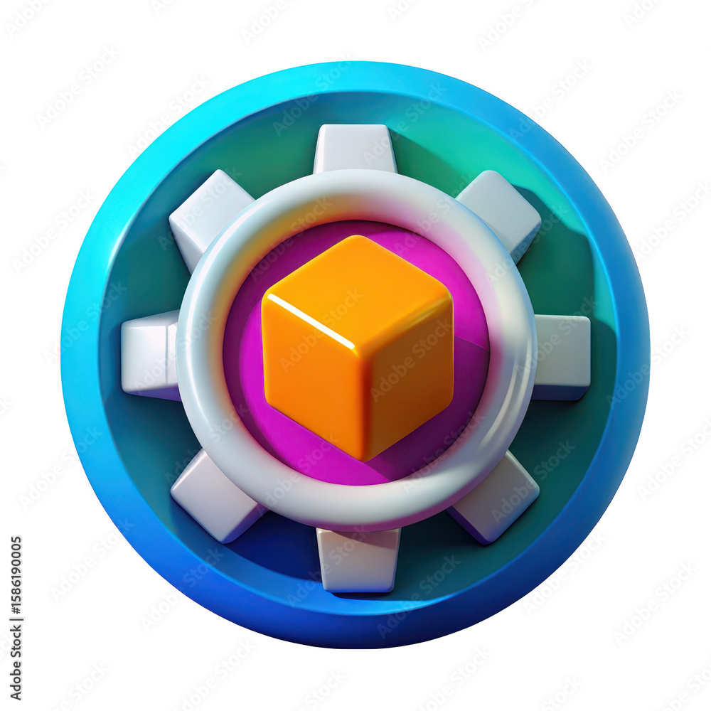 Poster stylized 3d render of a gear mechanism with an orange cube centerpiece isolated on transparent backg