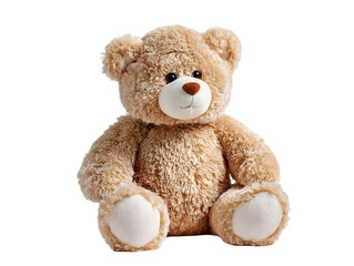 A cute bear smiling toy sits on a white background 