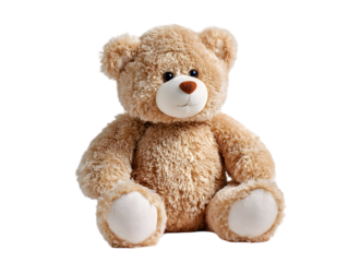 A cute bear smiling toy sits on a white background 