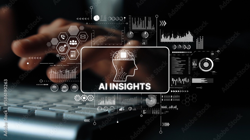 Poster digital concept of ai insights with data visualization graphs and human interaction in modern techno