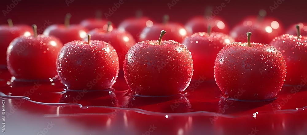 Aufkleber fresh red apples with water drops on glossy red surface in row formation, macro photography with sel