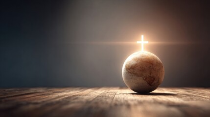 Earth with a glowing cross-shaped light shining above it in a dark environment.