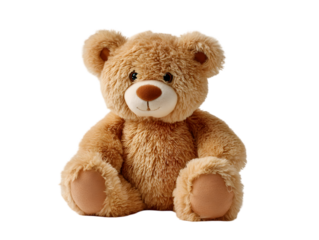 A cute bear smiling toy sits on a white background 