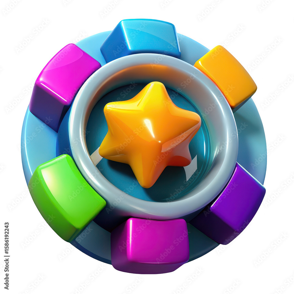 Poster a vibrant circular game element featuring a golden star and colorful blocks isolated on transparent 