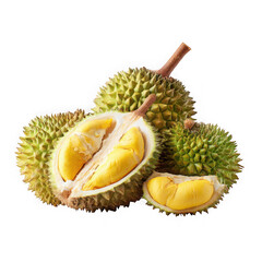 Fototapeta premium Fresh ripe durian fruit cut open showing yellow flesh and seeds isolated on transparent background