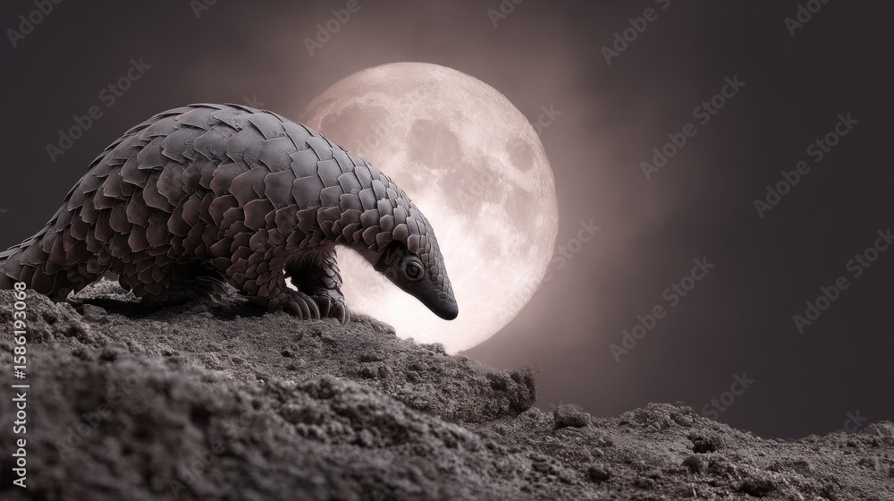 Poster pangolin exploring under the full moon in a mysterious landscape with shadows and highlights