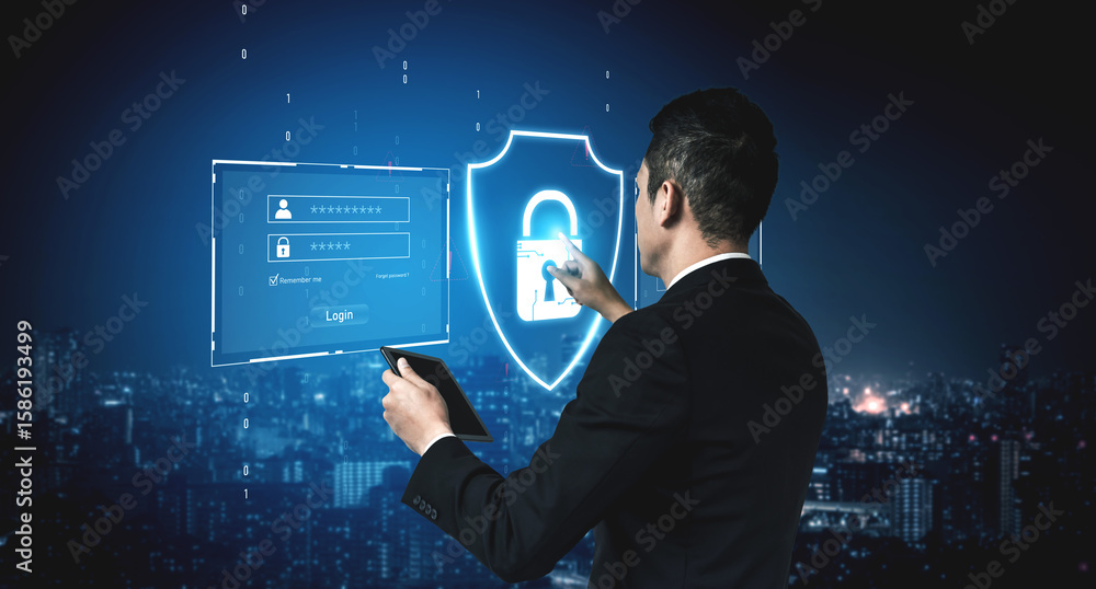 Poster cyber security protects against breaches, hacks, and network attacks using strong infrastructure and