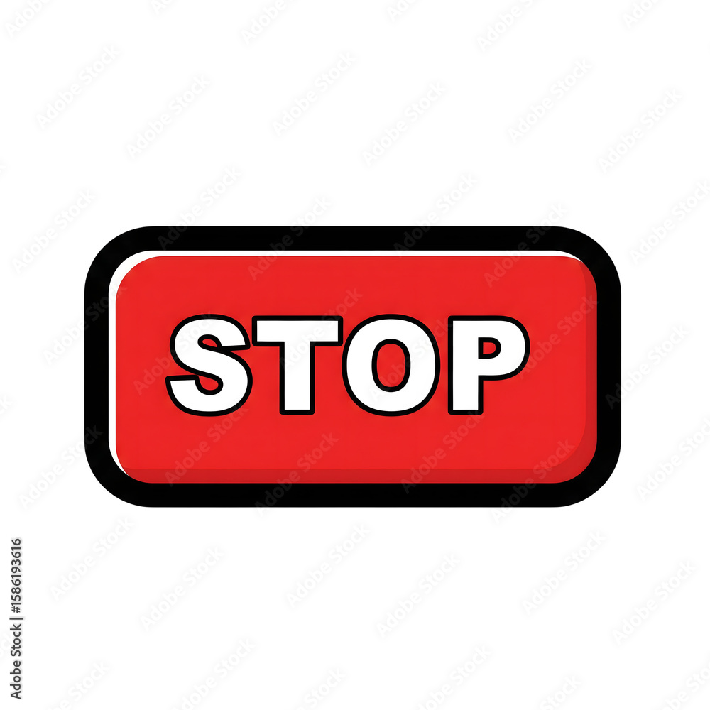 Poster red stop button icon white text bold outline isolated on a transparent background