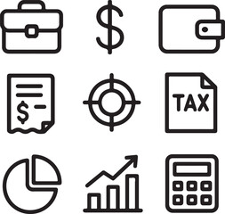 Business finance icons briefcase dollar sign wallet tax document pie chart growth graph calculator vector