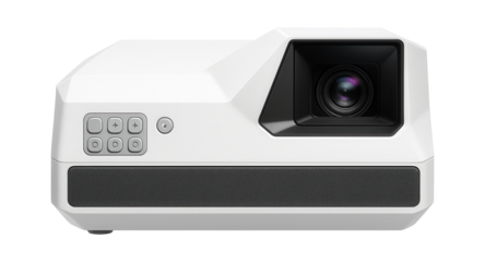 Interactive projector with front-facing audio and a white, angular design for classroom use