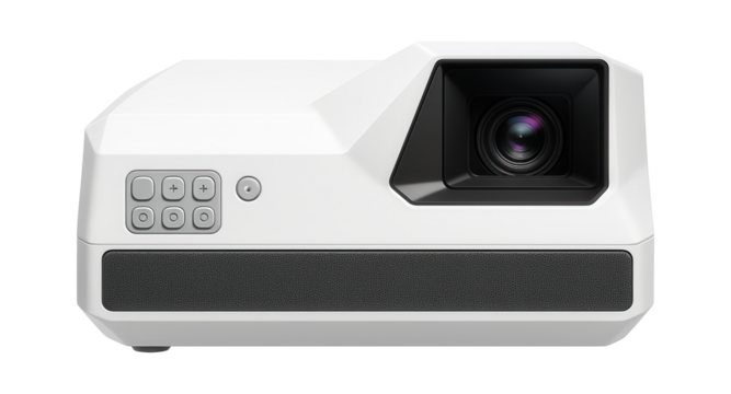 Interactive projector with front-facing audio and a white, angular design for classroom use