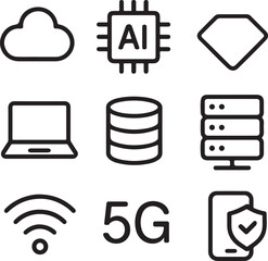 Technology icons cloud chip laptop database server wifi 5g phone shield digital artificial intelligence