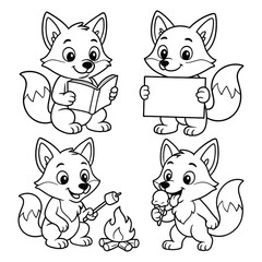 Charming Fox Characters in Whimsical Activities, Black and White Vector Set, Fox Illustrations for Children's Books and Educational Resources