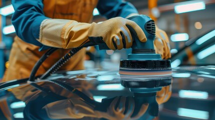 A car body shop worker polishing a car hood with an electric polisher, wearing protective gloves