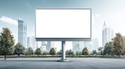 Fototapeta premium Large Empty Advertising Billboard in Urban Cityscape with Skyscrapers and Trees.