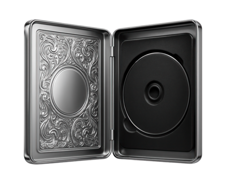 Metallic DVD tin with embossed cover design and foam insert for collector's editions