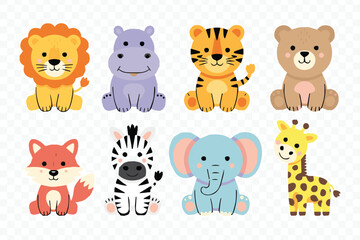 cute cartoon animal vector pack: lion, hippo, tiger, bear, fox, zebra, elephant & giraffe for kids designs