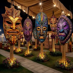 Hand-painted tribal faces with floral lanterns high resolution picture