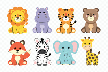 playful wildlife vector collection: safari animals lion, hippo, tiger, bear, fox, zebra, elephant, giraffe clipart art
