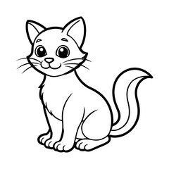 Fluffy Cartoon Cat Sitting with Sweet and Friendly Gaze - Adorable Black and White Vector Illustration for Children's Storytelling