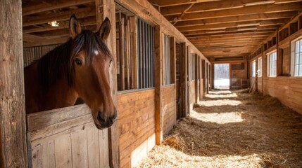 Spacious wooden horse stable with sunlight streaming in through large windows.