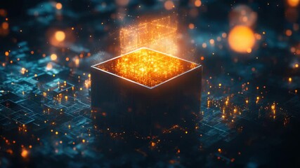 Glowing abstract cube emitting energy sparks and digital patterns video - Powered by Adobe