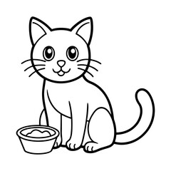 Adorable Cartoon Cat Sitting Patiently with Food Bowl - Sweet Black and White Vector Illustration for Child-Friendly Content