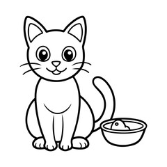 Content Cartoon Cat Sitting Beside Fish Bowl - Charming Black and White Vector Graphic for Seafood and Pet Themes