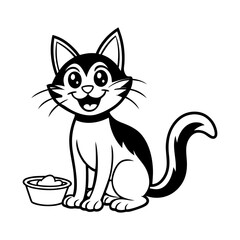 Happy Cartoon Cat with Food Bowl and Open Mouth - Joyful Black and White Vector Illustration for Pet Care and Advertising