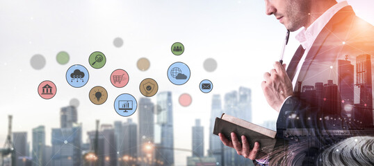 Set of business and digital service icons representing finance, cloud, analytics, email,...