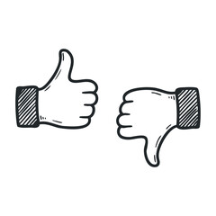 Thumbs up and down hand gestures in black and white line art. Hand drawn vector illustration