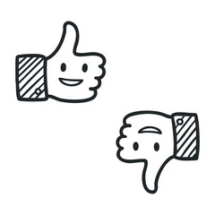 Hand-drawn like and dislike emoji with smiling and frowning faces. Hand drawn vector illustration