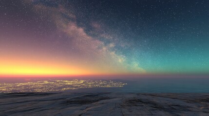 A breathtaking night sky with the Milky Way stretches over a coastal city illuminated by golden lights at sunset.